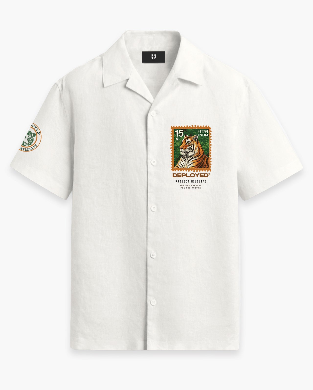 Striped Stamp Half Sleeve Linenblend Shirt - White